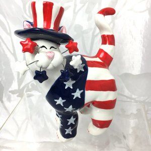 * AMY LACOMBE Whimsi Clay 2001 Uncle Sam Patriotic Cat Figurine Vtg